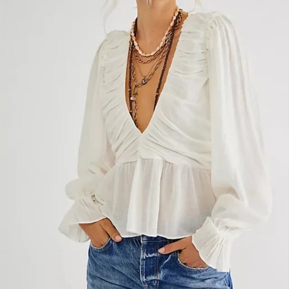 Free People Daia French Vanilla Long Sleeve Drape Blouse Top